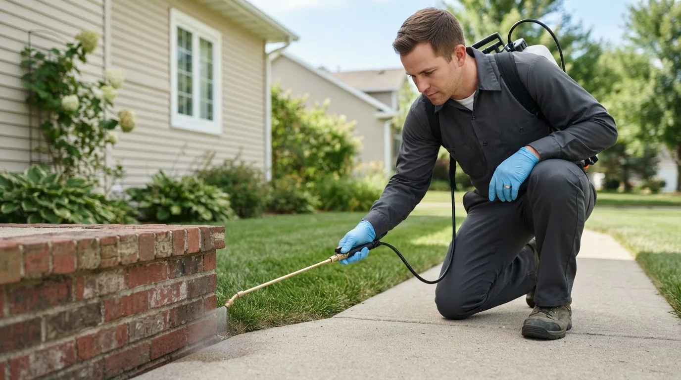 Pest control technician treating a home near Westport Point, MA